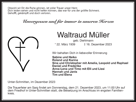Traueranzeige von Waltraud Müller von Kreis-Anzeiger