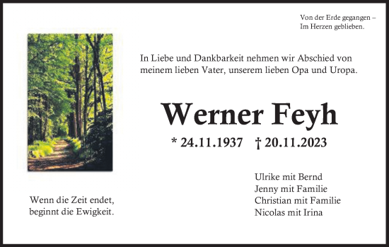 Traueranzeige von Werner Feyh von Alsfelder Allgemeine