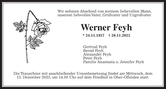 Traueranzeige von Werner Feyh von Alsfelder Allgemeine