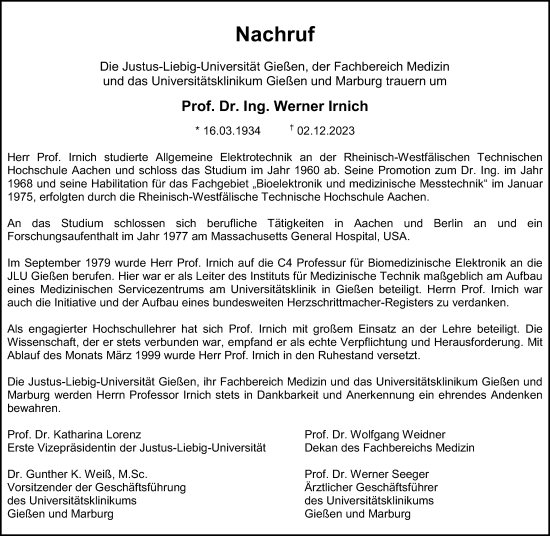 Traueranzeige von Werner Irnich von Giessener Allgemeine, Alsfelder Allgemeine, Giessener Anzeiger