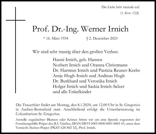 Traueranzeige von Werner Irnich von Giessener Anzeiger