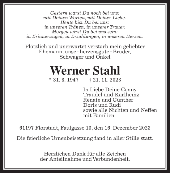 Traueranzeige von Werner Stahl von Wetterauer Zeitung