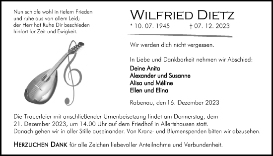 Traueranzeige von Wilfried Dietz von Giessener Anzeiger