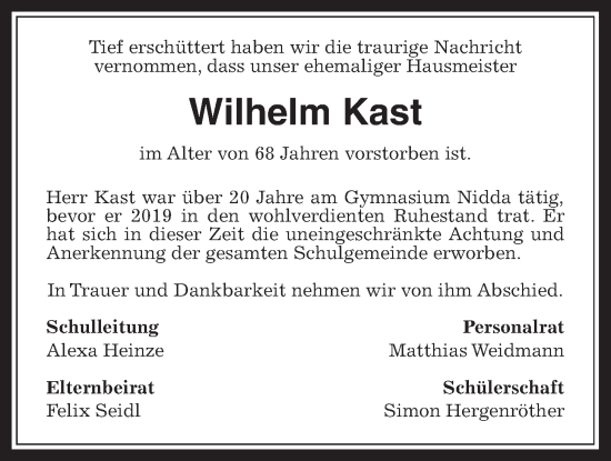 Traueranzeige von Wilhelm Kast von Kreis-Anzeiger
