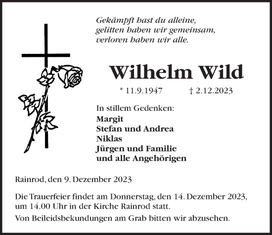 Traueranzeige von Wilhelm Wild von Kreis-Anzeiger
