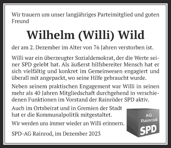 Traueranzeige von Wilhelm Wild von Kreis-Anzeiger