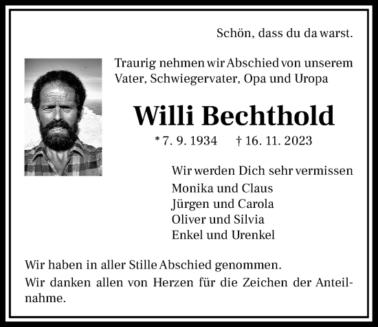 Traueranzeige von Willi Bechthold von Giessener Allgemeine, Alsfelder Allgemeine