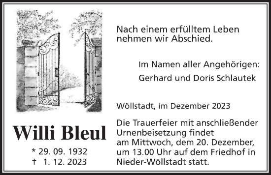 Traueranzeige von Willi Bleul von Wetterauer Zeitung