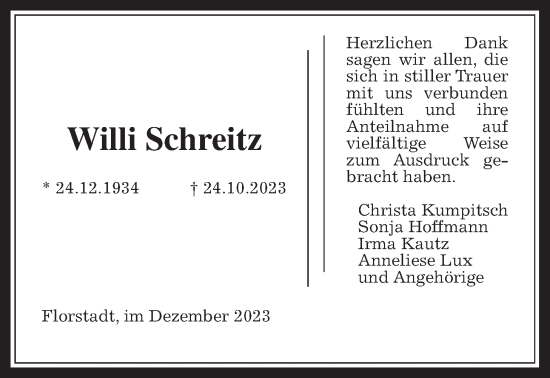 Traueranzeige von Willi Schreitz von Wetterauer Zeitung