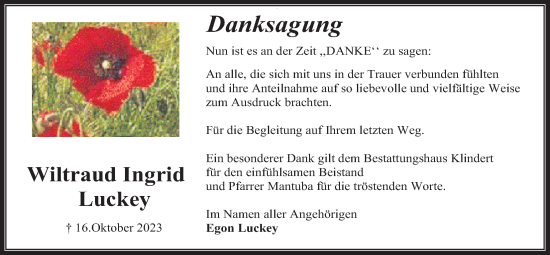 Traueranzeige von Wiltraud Ingrid Luckey von Kreis-Anzeiger
