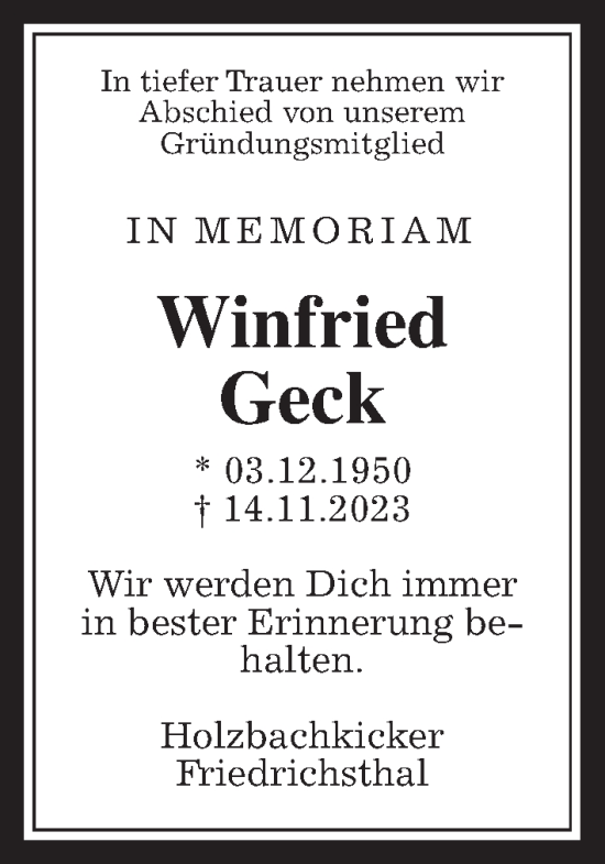 Traueranzeige von Winfried Geck von Usinger Anzeiger