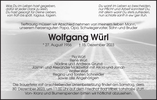 Traueranzeige von Wolfgang Würl von Bad Vilbel/Karben