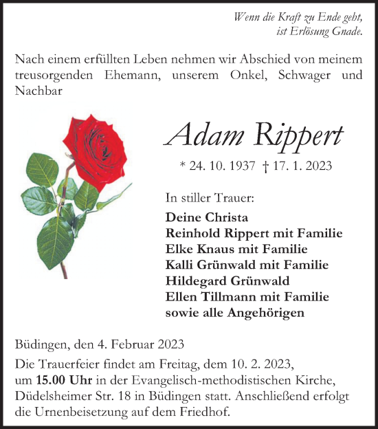 Traueranzeige von Adam Rippert von Kreis-Anzeiger