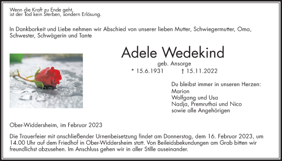 Traueranzeige von Adele Wedekind von Kreis-Anzeiger