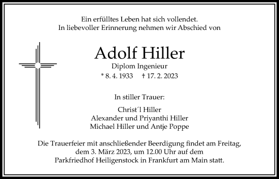 Traueranzeige von Adolf Hiller von Bad Vilbel/Karben