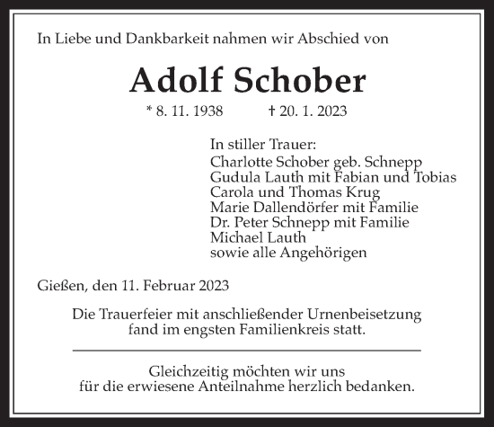 Traueranzeige von Adolf Schober von Giessener Allgemeine, Alsfelder Allgemeine, Giessener Anzeiger
