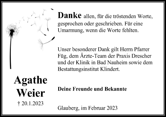 Traueranzeige von Agathe Weier von Kreis-Anzeiger