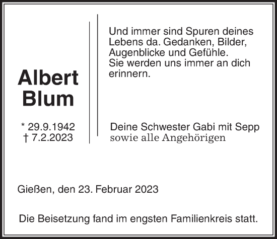 Traueranzeige von Albert Blum von Giessener Anzeiger