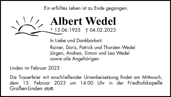 Traueranzeige von Albert Wedel von Giessener Allgemeine, Alsfelder Allgemeine, Giessener Anzeiger