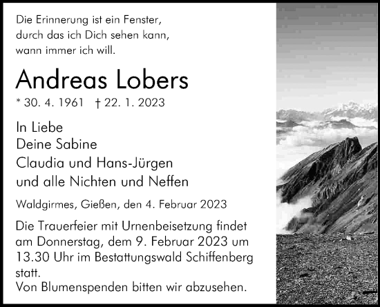 Traueranzeige von Andreas Lobers von Giessener Anzeiger, Giessener Allgemeine, Alsfelder Allgemeine