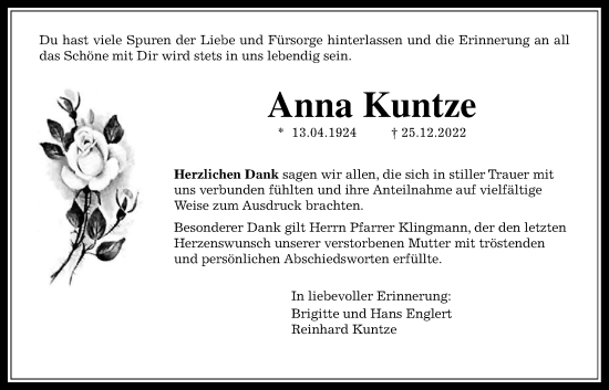 Traueranzeige von Anna Kuntze von Giessener Anzeiger, Giessener Allgemeine, Alsfelder Allgemeine