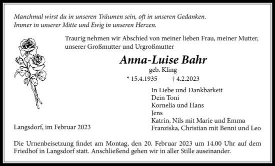 Traueranzeige von Anna-Luise Bahr von Licher Wochenblatt