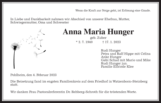 Traueranzeige von Anna Maria Hunger von Giessener Allgemeine, Alsfelder Allgemeine