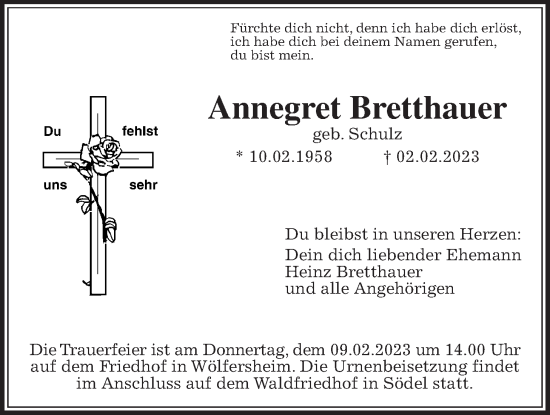 Traueranzeige von Annegret Bretthauer von Wetterauer Zeitung