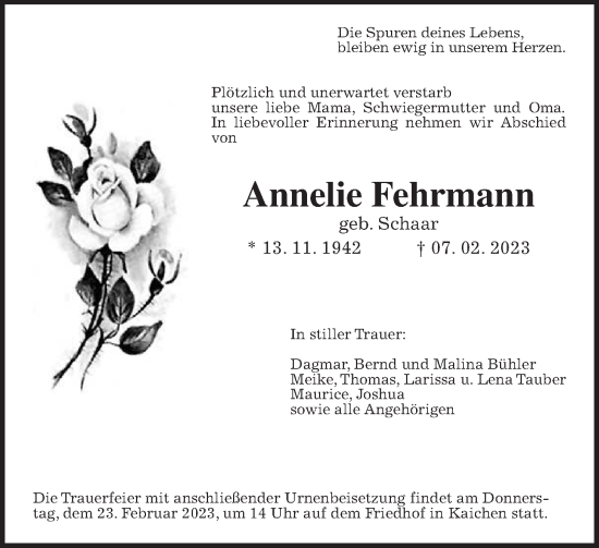 Traueranzeige von Annelie Fehrmann von Wetterauer Zeitung, Wetterauer Zeitung