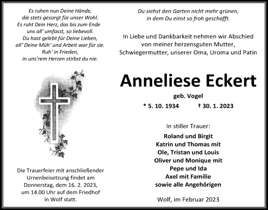 Traueranzeige von Anneliese Eckert von Kreis-Anzeiger