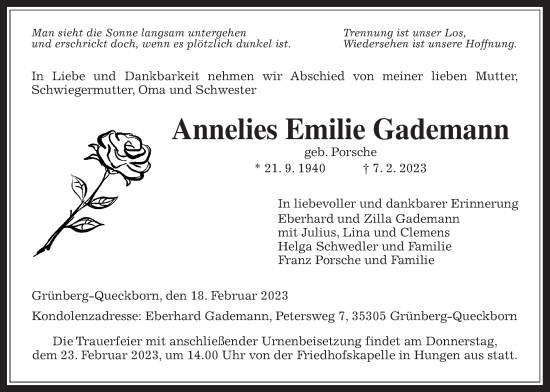 Traueranzeige von Annelies Emilie Gademann von Giessener Allgemeine, Alsfelder Allgemeine, Giessener Allgemeine, Alsfelder Allgemeine