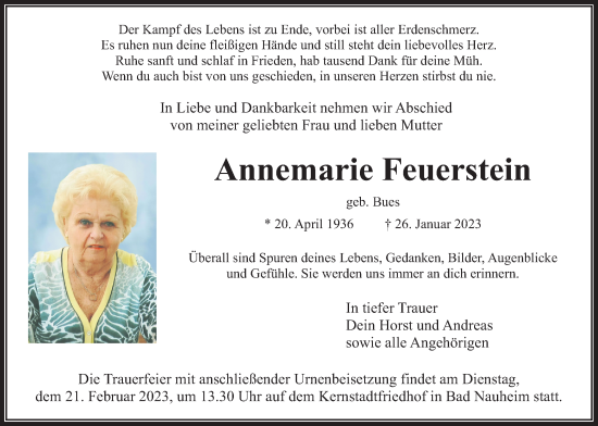 Traueranzeige von Annemarie Feuerstein von Wetterauer Zeitung, Wetterauer Zeitung