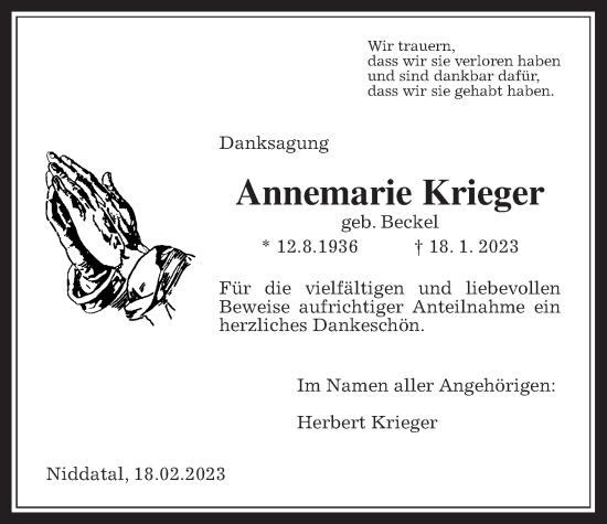 Traueranzeige von Annemarie Krieger von Wetterauer Zeitung, Wetterauer Zeitung