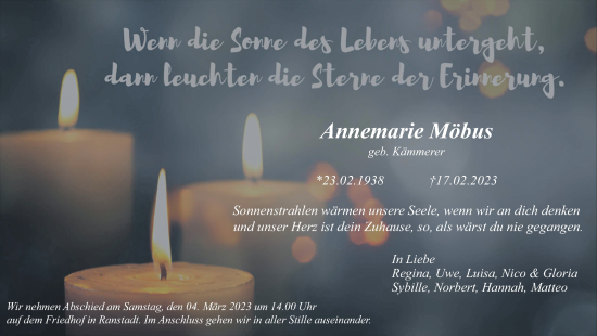 Traueranzeige von Annemarie Möbus von Kreis-Anzeiger