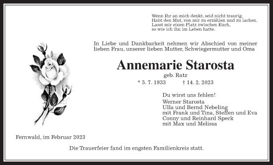 Traueranzeige von Annemarie Starosta von Giessener Allgemeine, Alsfelder Allgemeine, Giessener Anzeiger