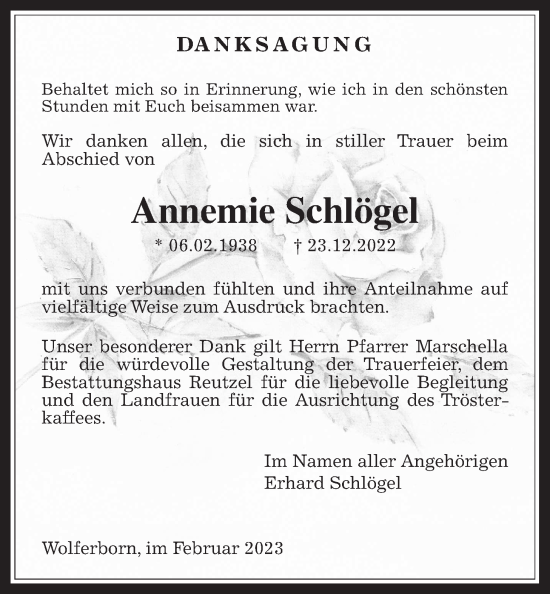 Traueranzeige von Annemie Schlögel von Kreis-Anzeiger