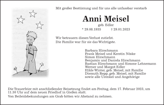 Traueranzeige von Anni Meisel von Giessener Allgemeine, Alsfelder Allgemeine