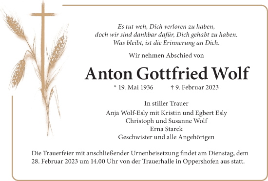 Traueranzeige von Anton Gottfried Wolf von Wetterauer Zeitung, Wetterauer Zeitung