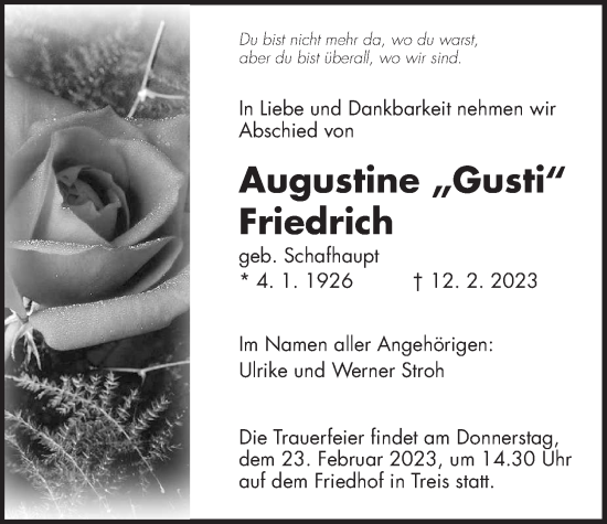 Traueranzeige von Augustine Friedrich von Giessener Allgemeine, Alsfelder Allgemeine, Giessener Anzeiger, Giessener Allgemeine, Alsfelder Allgemeine, Giessener Anzeiger