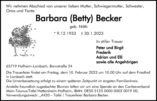 Traueranzeige von Barbara Becker 