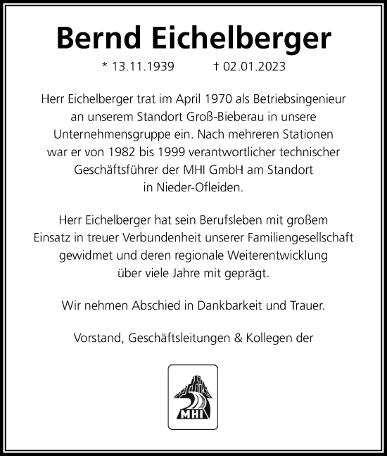 Traueranzeige von Bernd Eichelberger von Giessener Allgemeine, Alsfelder Allgemeine