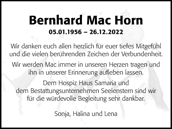 Traueranzeige von Bernhard Mac Horn von Giessener Allgemeine, Alsfelder Allgemeine
