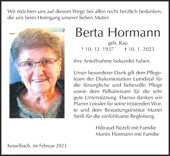 Traueranzeige von Berta Hormann von Giessener Allgemeine, Alsfelder Allgemeine, Giessener Anzeiger, Giessener Allgemeine, Alsfelder Allgemeine, Giessener Anzeiger