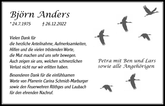 Traueranzeige von Björn Anders von Laubacher Anzeiger
