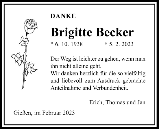 Traueranzeige von Brigitte Becker von Giessener Allgemeine, Alsfelder Allgemeine, Giessener Anzeiger