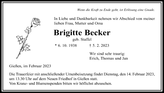 Traueranzeige von Brigitte Becker von Giessener Allgemeine, Alsfelder Allgemeine, Giessener Anzeiger
