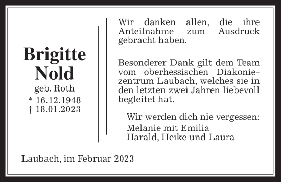 Traueranzeige von Brigitte Nold von Laubacher Anzeiger