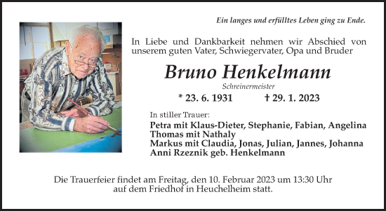 Traueranzeige von Bruno Henkelmann von Giessener Allgemeine, Alsfelder Allgemeine, Giessener Anzeiger
