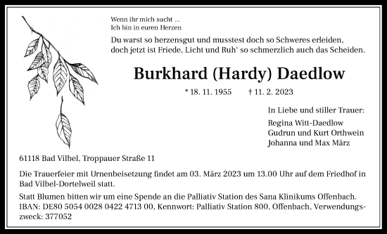 Traueranzeige von Burkhard Daedlow von Bad Vilbel/Karben, Wetterauer Zeitung