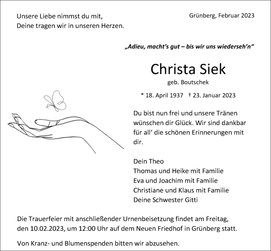 Traueranzeige von Christa Siek von Giessener Anzeiger, Giessener Allgemeine, Alsfelder Allgemeine